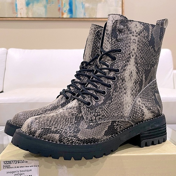 NIB Combat boots grey tan snake lace up ankle side zipper lug sole 6.5 NEW - Picture 1 of 12